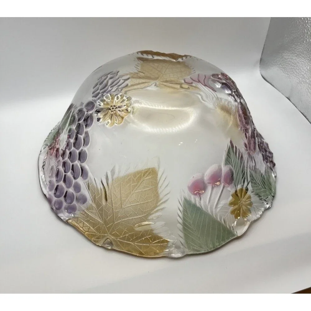 Vintage Mikasa Chablis Colorful Fruit Leaves Oval Blown‎ Glass Dessert Bowl